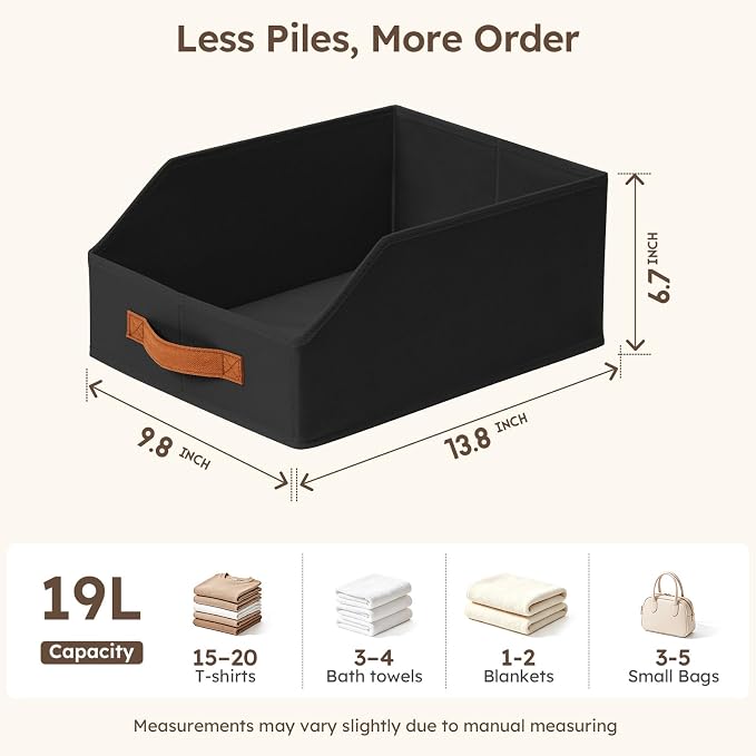 Fabric Storage Bins for Organizing - 12 Pack Large Trapezoid Collapsible Storage Bins with Front Handle, Closet Organizers and Storage for Bedroom, Home Shelves, Small Spaces, Black