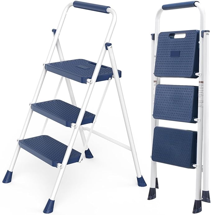 Sweetcrispy 3 Step Ladder, 800lbs Heavy-Duty Sturdy Folding Step Stool | Portable Lightweight Stepping Stool with Wide Anti-Slip Pedal, Cushioned Handle, for Home Kitchen and Outdoor, Blue