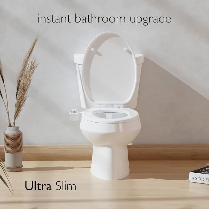 BIDETbidet Left/Right Reversible WARM WATER Ultra-Slim Bidet Attachment with Temperature Control, Interchangeable Knob Set, Hinged Nozzle, Non-Electric, Easy Install, Fits Most Toilets, Off-White