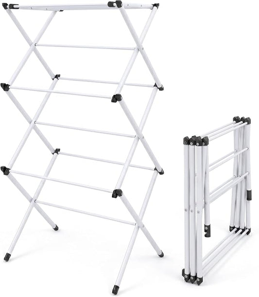 Honey-Can-Do 3-Tier Compact Clothes Drying Rack, 16 ft, No Assembly, White | Compact 3-tier accordion rack with 16 ft of drying space; folds flat to 4 in for apartments and small spaces.