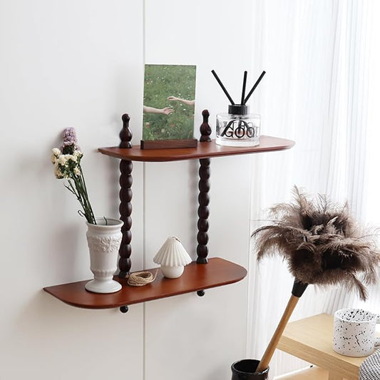 2-Tier Wall Mounted Floating Shelf with Two Roman Columns, Decorative Display Shelf for Entrance, Bathroom, Bedroom, Living Room, Kitchen, Office (Brown)