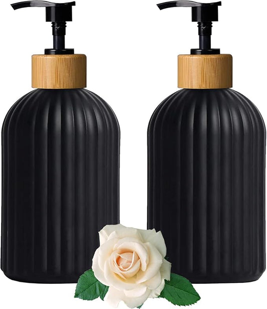 YYTSGG Black Glass Soap Dispenser Set with Bamboo Pump, 13.5oz, 2 Pack | Refillable Liquid Hand Soap Dispenser, Lotion Dish Soap Dispenser for Modern Home Decor, Bathroom, Kitchen Countertop, Hotel