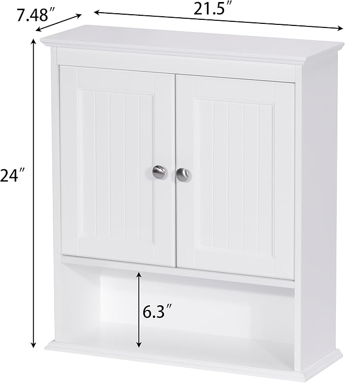 Spirich Bathroom Wall Cabinet with Beadboard Doors, White Medicine Cabinet | Adjustable Shelf, Open & Concealed Storage, Space-Saving Over-Toilet Design for Toiletries, Towels, Medicines & Decor