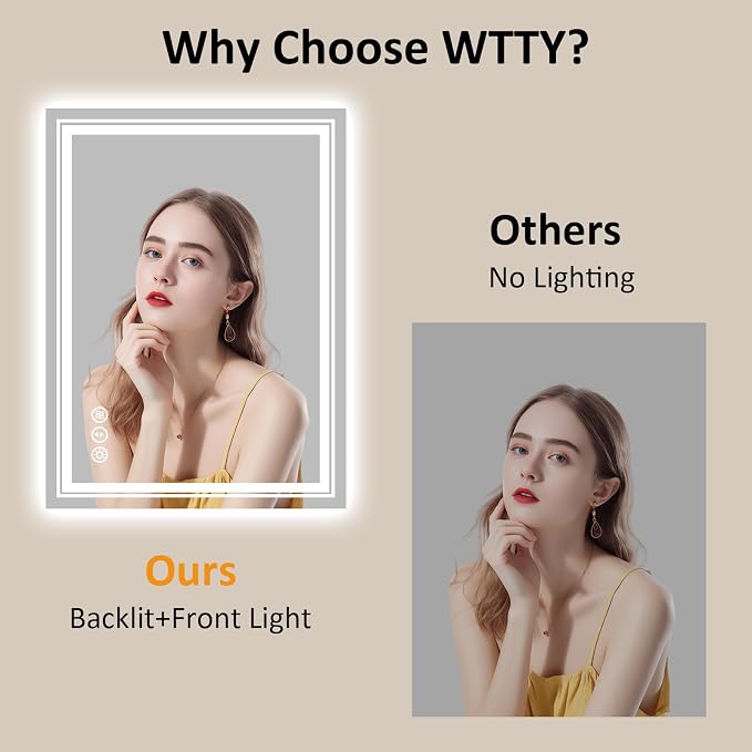 WTTY 32" x 24" LED Bathroom Mirror with Light | Anti-Fog, Dimmable, 3 Color Temperature, Memory Function, Tempered Glass, IP54 Waterproof, ETL Listed