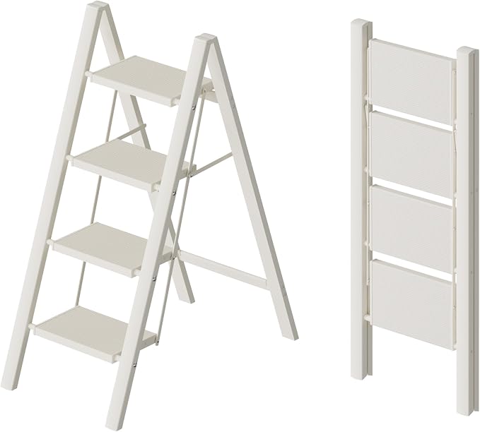 HillhutApex Aluminum Step Stool Foldable,4 Step Ladder (White) | Lightweight Portable step ladder with Anti-Slip Wide Pedal,330lbs Capacity Ladder for Household,Office,Kitchen