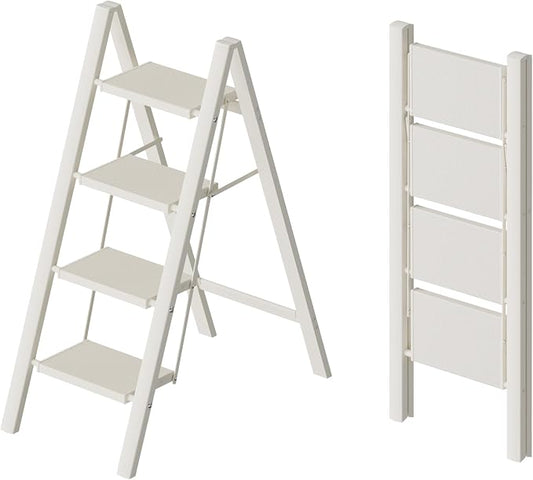 HillhutApex Aluminum Step Stool Foldable,4 Step Ladder (White) | Lightweight Portable step ladder with Anti-Slip Wide Pedal,330lbs Capacity Ladder for Household,Office,Kitchen