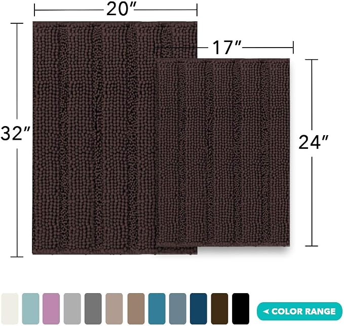 Turquoize Chenille Bath Rugs Shaggy Bathroom Rugs Non Slip Bath Rugs for Bathroom 20 x 32 and 17 x 24 Chocolate Bath Rug Extra Soft and Absorbent Area Rug, (20" x 32" and 17" x 24"),Chocolate