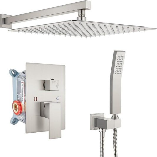 gotonovo Shower Faucet Set with Handheld Spray Brushed Nickel,16'' Head | SUS304 Rainfall Shower Head and Handle Set System Fixture,Pressure Balance Valve Trim Kit,Single Handle,Wall Mount,All Metal