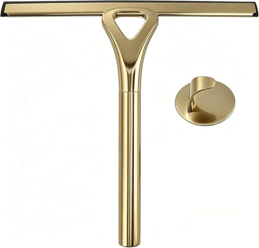 Shower Door Squeegee, Stainless Steel Shower Glass Cleaner Squeegee with Hook, 8.9x8.7in Household Wiper Gold, Versatile Shower Squeegee for Glass Doors, Window, Car