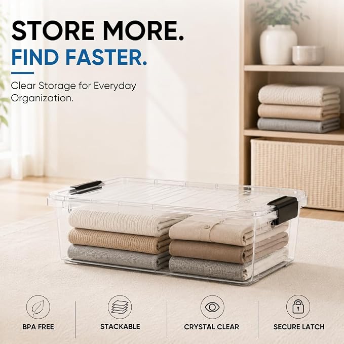 Superio Clear Storage Box with Lid, 13.7 Quart Plastic Container Bins for Organizing, Stackable Crates, BPA Free, Non Toxic, Odor Free, Organizers for Home, Office, School, and Dorm