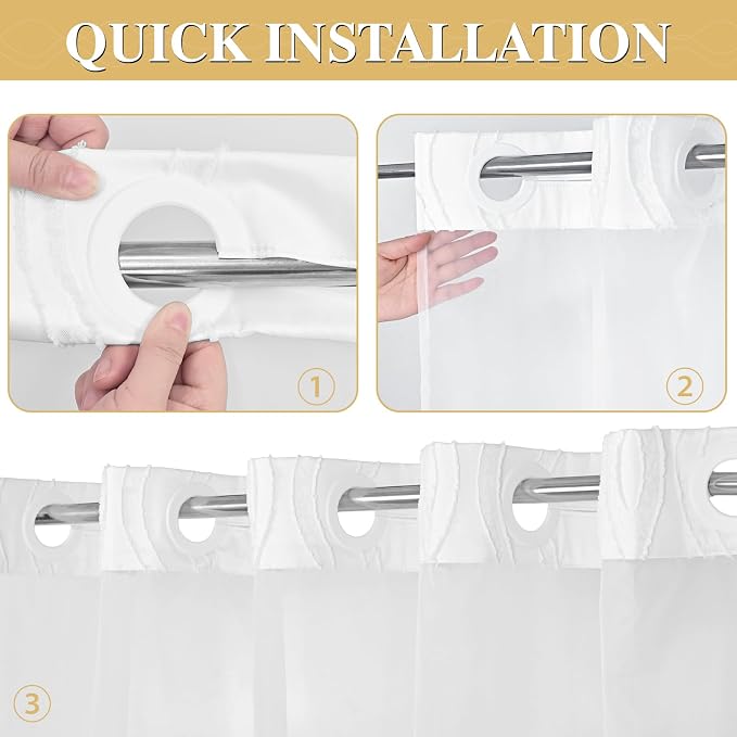 Yinhua No Hook Shower Curtain with Snap in Liner Set, 71" W×74" L, White | Hotel Style with See Through Top Window, Washable Waterproof, Tufted Textured, Hookless Curtain for Bathroom Bathtub
