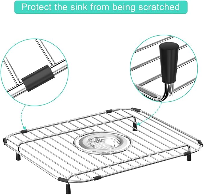 SANNO Sink Rack, Sink Protector for Kitchen Sink, Bottom Grid Rack Center Drain, Stainless Steel, 2pcs 11.5" x 13.8"