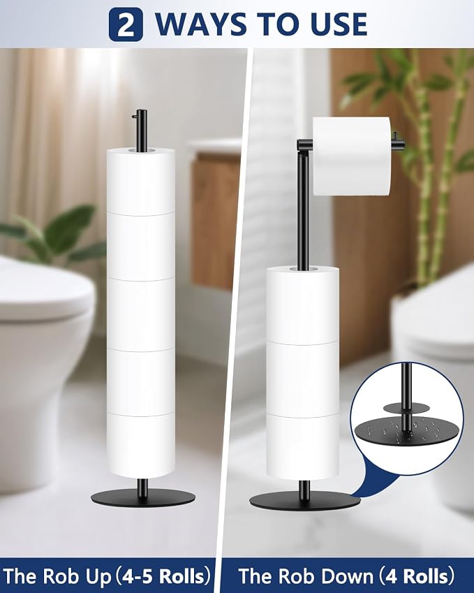 Toilet Paper Holder Stand, Bathroom Toilet Paper Stand with Shelf, Free Standing Toilet Paper Roll Storage Holder for 4 Rolls, Black, Naturous