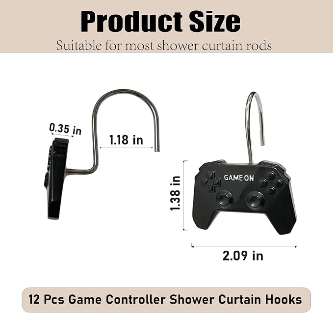 12 Pcs Game Theme Shower Curtain Hooks for Gamers Bathroom Decor | Video Game Controller Curtain Hooks Boys Gaming Bathroom Kids Bedroom Playroom Console Resin and Stainless Steel Hook