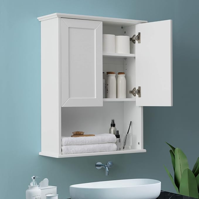 VANIRROR Bathroom Wall Medicine Cabinet with Soft-Close Buffering Hinges | Over Toilet Storage Cupboard Adjustable Shelves & Hidden Handles, 23"x29" White MDF Cabinet for Laundry Room, Kitchen
