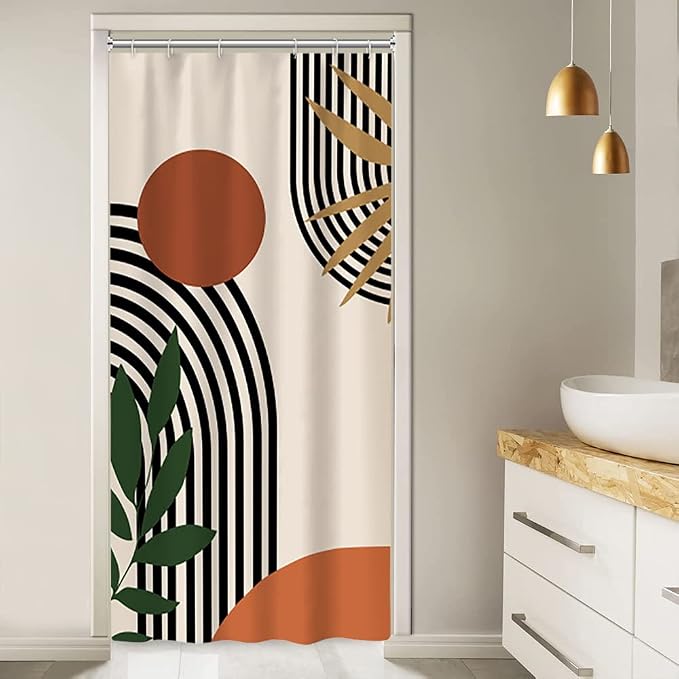 Stall Shower Curtain, Ruelvth Mid Century Boho Abstract Minimalist Sunrise Shower Curtain Set Orange Waterproof Polyester Morden Abstract Leaves and Arch Fabric Bathroom Curtain with Hooks, 36x72 Inch | Waterproof Small Narrow Abstract Sun Leaves and A...