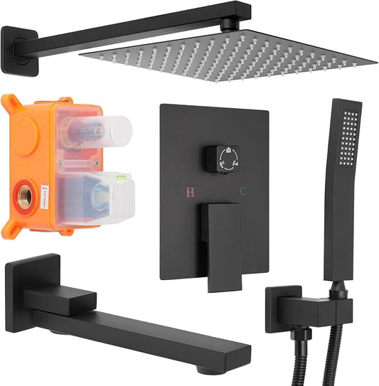 10 inch Square Shower Head and Handheld Set, Gasecoet Shower System with Tub Spout Wall Mounted Shower Faucet for Bathroom - Matte Black (With Shower Valve)