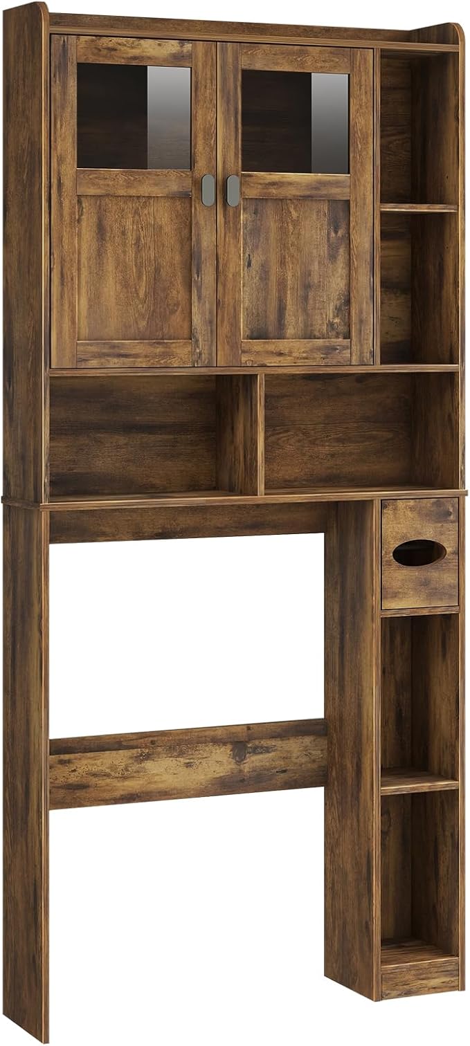 Vabches Over The Toilet Storage Cabinet with Doors and Shelves, Brown | Freestanding Home Space Save Toilet Rack, with Adjustable Shelves for Restroom, Bathroom, Laundry