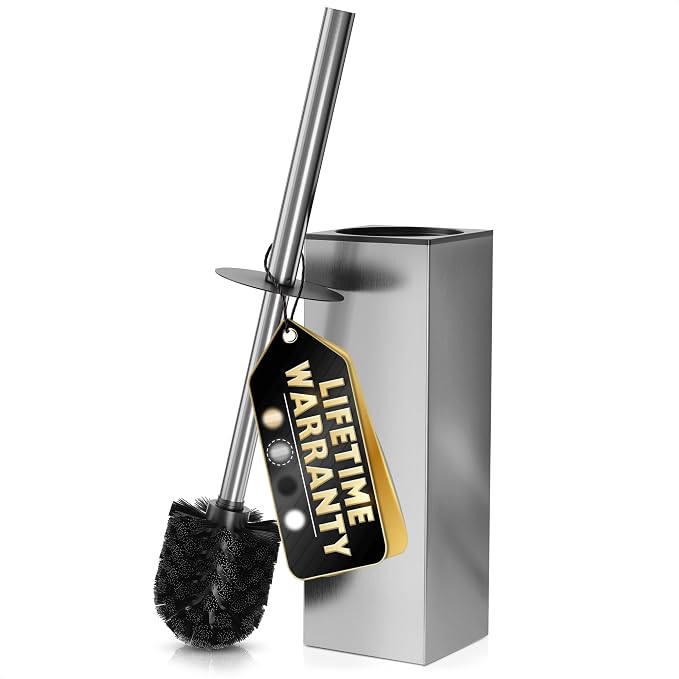 Stainless Steel Toilet Brush and Holder Set, Square Shape (Silver) | Toilet Bowl Brush and Holder, Removable Inner Bowl, Dense Bristles, Long Handle, Scratch Resistant, for Modern Bathrooms