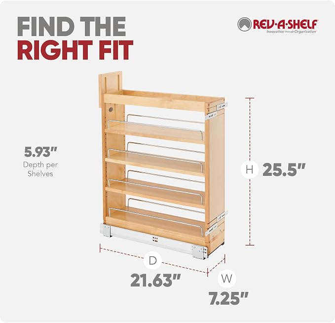 Rev-A-Shelf Maple Pullout Organizer w/Blum Soft-Close for Frameless Full-Height Base Cabinets, Full Extension Slides & Adjustable Shelves, Min Opening Width of 7.5", 448-BCSC-6C