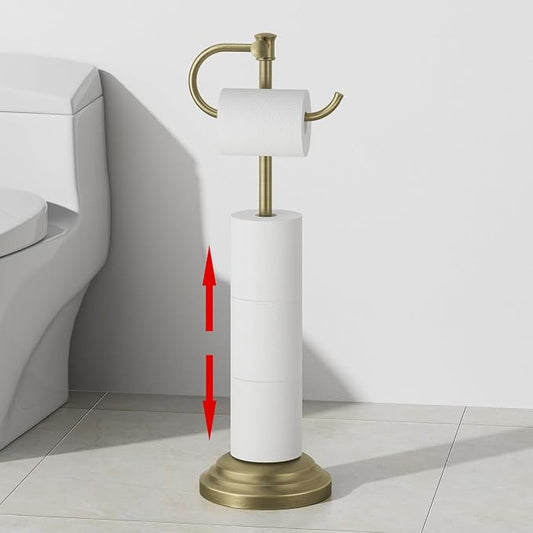 RUMOSE Toilet Paper Holder Stand for Floor Free Standing, Antique Brass | Bathroom Freestanding Toilet Tissue Roll Holder with Storage, Adjustable 17-25 Inch, Rustproof, SUS304 Stainless Steel