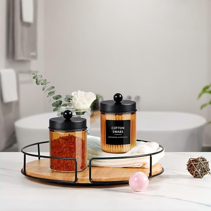 Amolliar Bronze Amber Glass Apothecary Jar, Qtip Holder Storage Black 4Pack | Bathroom Canister With Metal Lid, Q tip Dispenser Holder for Cotton Balls, Cotton Swabs, Floss Picks, Vanity Makeup Organizer