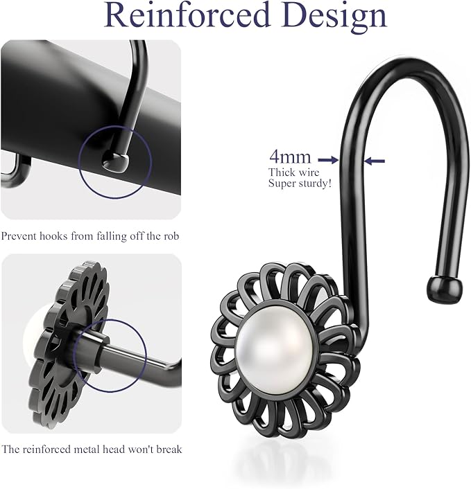 Black Sunflower Shower Curtain Hooks, 12Pcs Rustproof Metal Ring | Pearl inlaid sunflower, zinc alloy, rustproof, anti-fall S-shape, smooth glide, easy install, fits curtain & liner