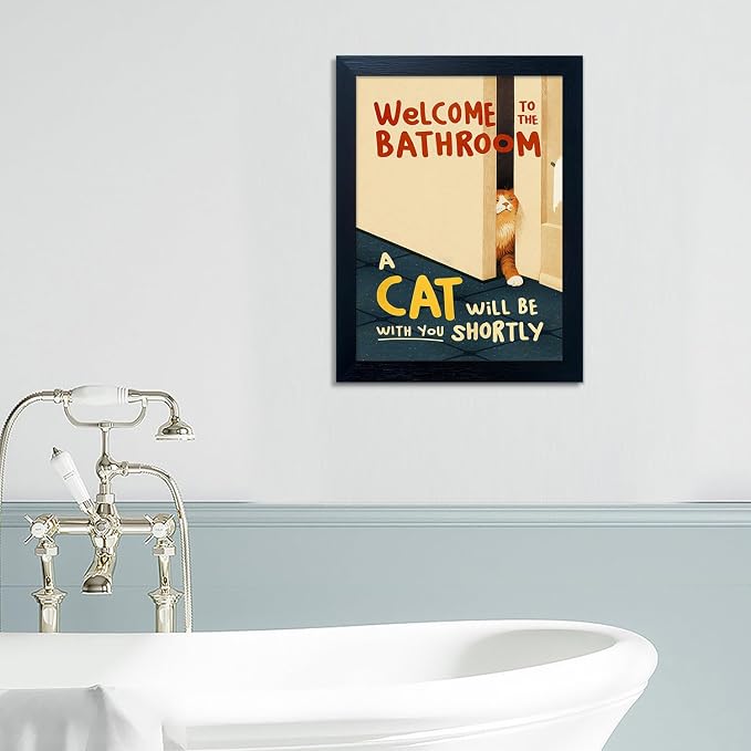 Framed Funny Bathroom Wall Decor Welcome to the Bathroom Painting A cat Will be With You Shortly Cat Lover Canvas Print Poster Modern Home Decor