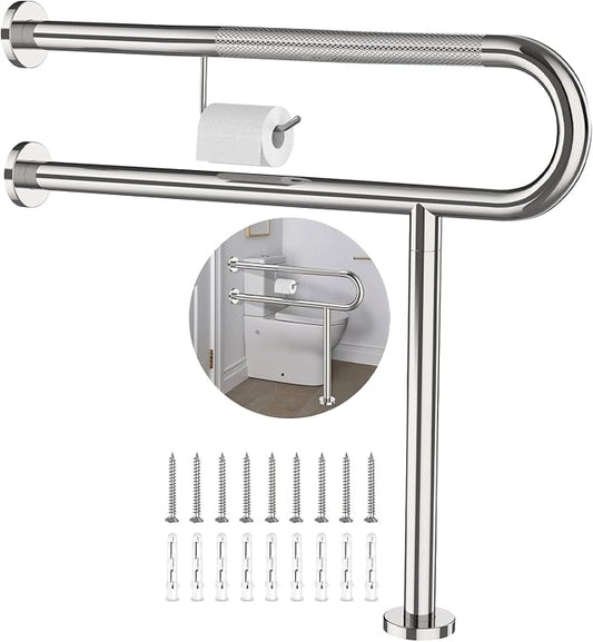 ZUEXT 31.5x28 Inch Chrome Knurled Toilet Grab Bar with Toilet Paper Holder | Wall to Floor, Anti-slip Handicap Grab Bar, Stainless Steel Bathroom Support Rail with Leg, For Elderly Disabled Pregnant