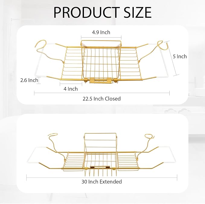 Bathtub Caddy Tray, Expandable Bath Tub Table with Removable Book Holder Red Wine Rack Holder, for Home Kitchen Bathroom,Gold
