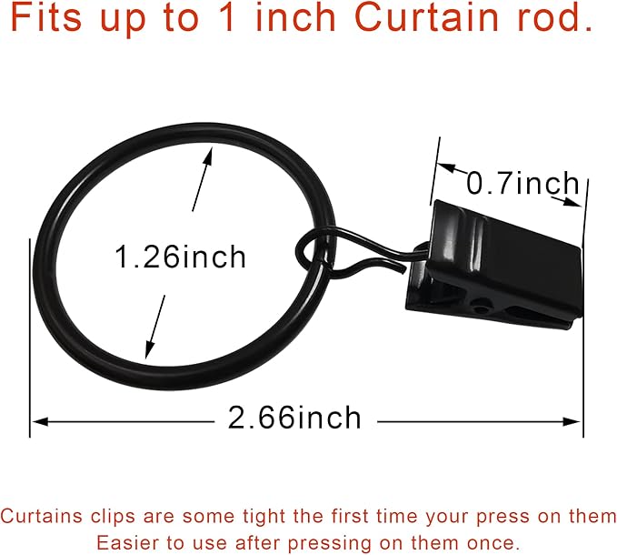 LLPJS 100 Pack Curtain Rings with Clips, Curtain Clip Rings Hooks, Bow Hanger Clips for Hanging Drapery Drapes Bows, Ring 1.26 inch Interior Diameter, Fits up to 1" Rod, Black