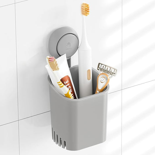 TAILI Suction Cup Toothbrush Holders for Bathroom Wall Mounted, Gray | Shower Toothbrush and Toothpaste Holder, Drill-Free 1S Installtion, Removable Powerful Suction Cup Organizer, Self-draining