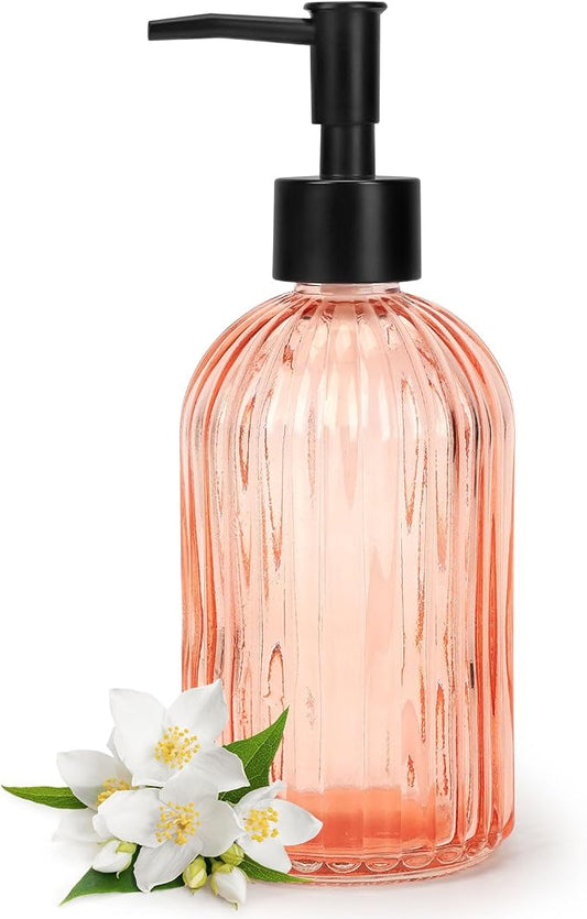 Topsky Stripe Glass Soap Dispenser with Black Plastic Pump, 400ml Liquid Hand Soap Dispenser, Rustproof Pump for Kitchen & Bathroom, Great for Lotions, Essential Oil, Liquid Soaps-Pink Orange