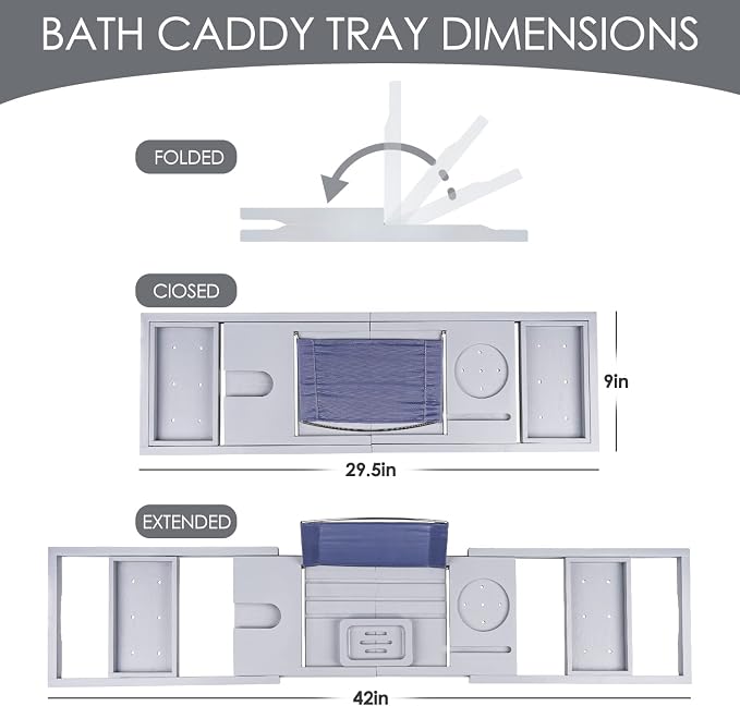 Foldable Bathtub Tray Caddy with Soap Dish Adjustable 29.5-43'' Grey | Bamboo Bath Table Trays with Non-slip Pads, Wine Glass Holder, Adjustable Tablet Book Stand, Spa Bath Essentials Organizer