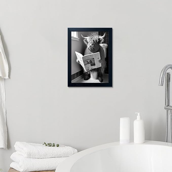 Framed Black and White Bathroom Artwork Highland Cow with Toilet Paper on Head Canvas Wall Art Toilet Decor Cow Pictures Wall Decor Animal Bathroom Wall Art for Home