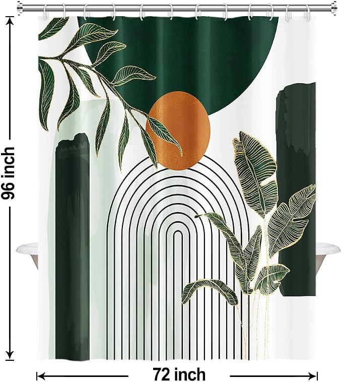 Abstract Boho Green Shower Curtain for Bathroom 72x96 Inch | Waterproof Emerald-green Leaves Shower Curtain Set with Hooks, Mid Century Bathroom Decor