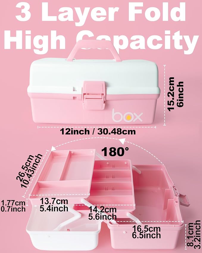 TERGOO 12in 3-Layer Plastic Craft Organizers and Storage, Portable Folding Tackle Box with Handle & Adjustable Dividers, Multipurpose Case for Sewing, Art Supplies, Medicine, Tools (White Pink)
