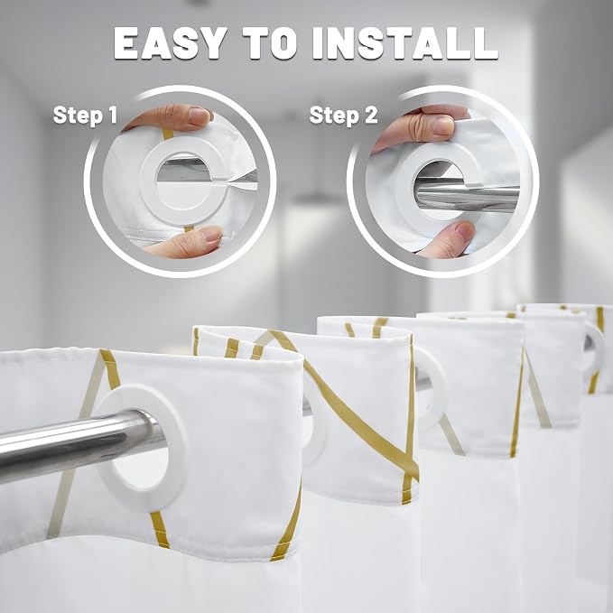 Gold White No Hook Shower Curtain with Liner, 71 x 74 Inch | Stripe Pattern,Waterproof,Quick Dry,Mesh Top Window,Bottom Magnets,Hotel Style,Machine Washable,Modern,for Bathroom