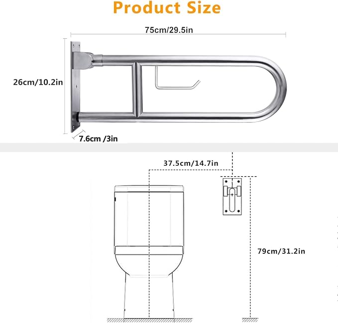 Toilet Grab Bar Stainless Steel Handicap Rails Grab Bars Bathroom Support for Elderly Disabled Safety Hand Railing Guard Frame Shower Assist Aid Handrails Hand Grips (29.5 Inches with Paper Holder)