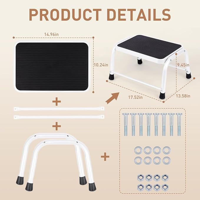 Valeo Step Stool,Step Stools for Adults with Non-Slip Rubber Feet, 600 Lbs Capacity, Metal Step Stool for Kitchen, Bathroom, RV, Camping, Office, Bed Steps for High Beds, White