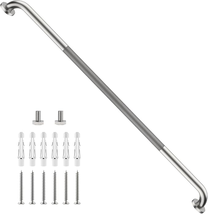 ZUEXT 48 Inch Brushed Nickel Anti Slip Shower Grab Bar with Knurled Grip | Extra Long Handicap Grab Bar for Wall, Stainless Steel Bathroom Handrail, Safety Support Bar for Seniors Elderly, 1.25" Dia