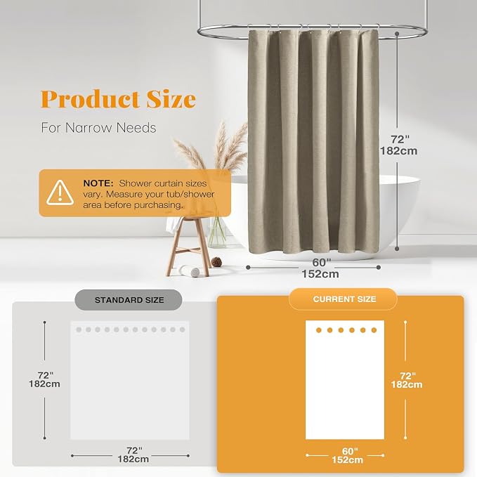60x72 Linen Textured Waterproof Cloth Shower Curtain Set, Khaki/Tan | Heavy Duty Polyester Fabric, 10 Plastic Hooks, Elegant Drape, Modern Hotel Style, Bathroom Decor, Machine Washable, Quick-dry