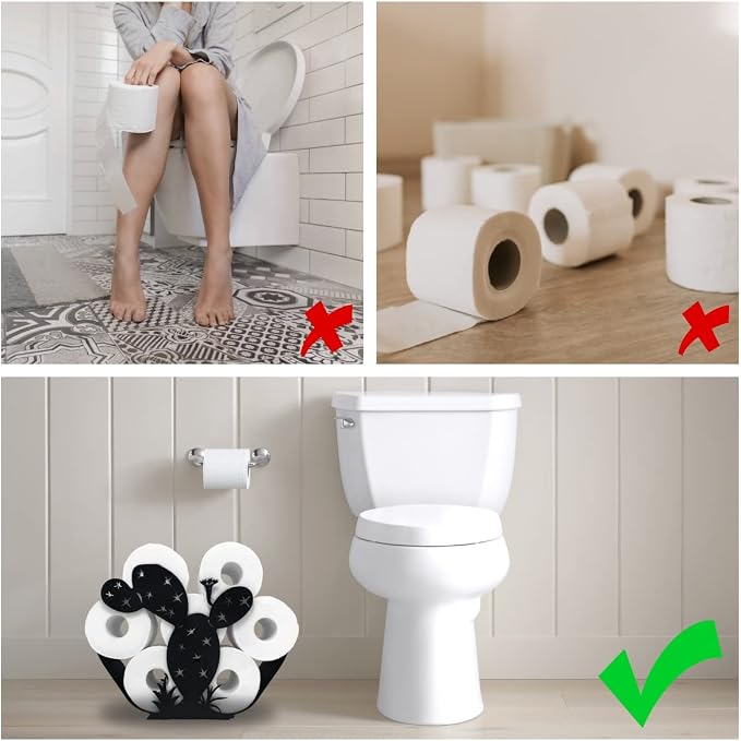 Black Cactus Metal Toilet Tissue Holder, Decorative FreeStanding Paper Holder for Bathrooms, Organizer Holds Extra 8 Rolls
