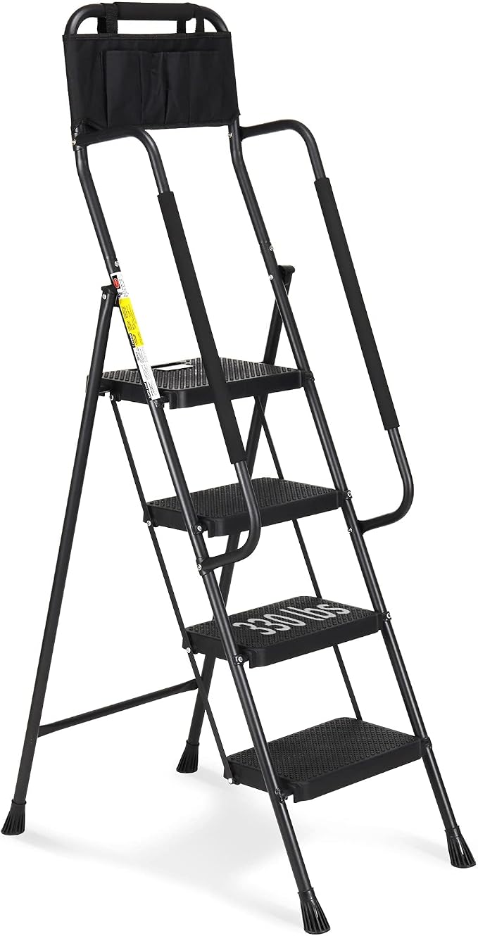 HBTower Step Ladder with Handrails, 4 Step Ladder with Attachable Tool Bag | Anti-Slip Wide Pedal for Home Kitchen Pantry Office, Black