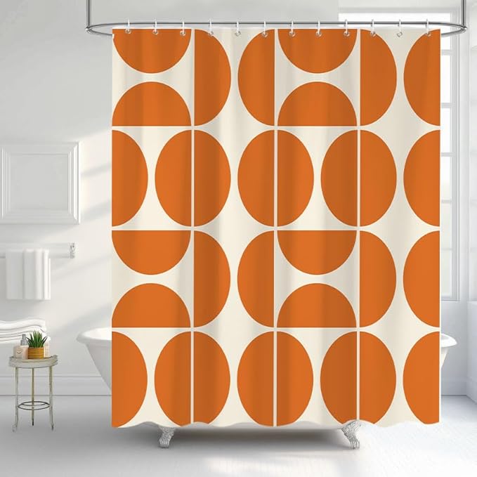 Orange Mid Century Modern Shower Curtain, Boho Abstract Geometric Retro Art Bath Curtains For Bathroom, Colorful Unique Pattern Waterproof Polyester Fabric Bathroom Accessories Set 12 Hooks 72X78IN