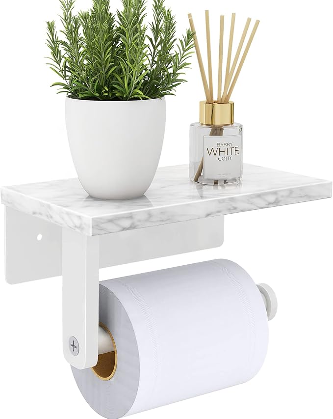 Gypie Toilet Paper Holder with Marble Shelf, Wall Mounted White | Stainless Steel, Tissue Roll Paper Holder Dispenser for Bathroom Washroom