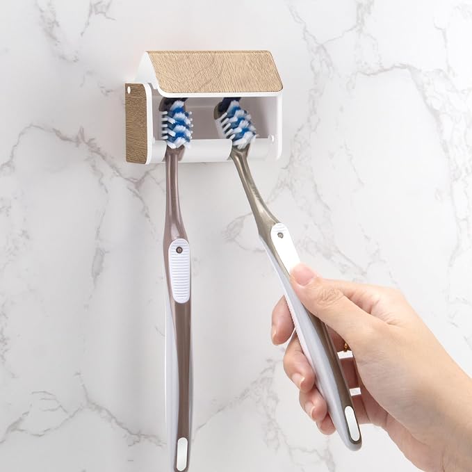 Toothbrush Holders Wall Mounted with Cover (1, Wood Grain) | Wall mounted, Detachable, Easy to clean, Breathable, 2 Slots Self Adhesive Toothbrush Organizer for Bathroom