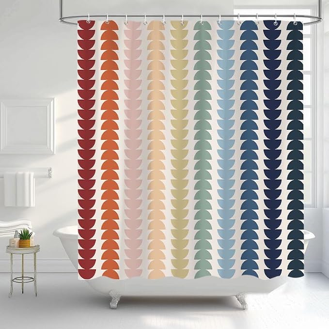 Modern Geometric Shower Curtain, Vintage Rainbow Mid-Century Abstract Art Design Bath Curtains for Bathroom, Colorful Semicircular Pattern Waterproof Polyester Fabric Bathroom Set 12 Hooks 60X72IN
