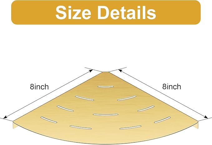 soaez Brushed Gold Corner Shower Shelf, SUS304 Stainless Steel Bathroom Shower Shelves Prevent Rust Drilling Installation (8", 2Pack)