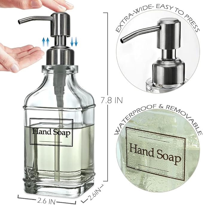 JASAI Antique Design Soap Dispenser with Rust Proof 304 Stainless Steel Pump, Refillable Glass Soap Dispenser with 10Pcs Clear Stickers, Premium Kitchen & Bathroom Soap Dispenser | Refillable Glass Soap Dispenser with 10Pcs Clear Stickers, Premium Kitc...